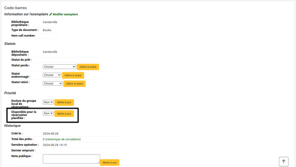 Affichage d'exemplaire, le champ Disponible pour la réservation planifiée est mis en évidence