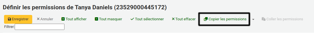 Haut de la page des permissions d'un utilisateur, le bouton Copier les permissions est mis en évidence.