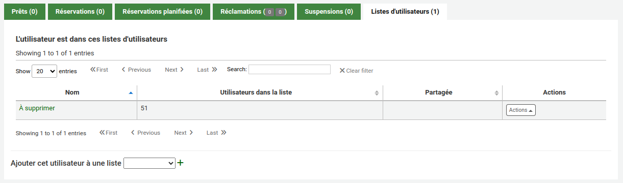 Onglets dans la page de détails d'un dossier d'utilisateur. L'onglet sélectionné est Listes d'utilisateurs. L'onglet contient un tableau dans lequel sont listées les listes d'utilisateurs qui contiennent cet utilisateur. Il y a aussi une option d'ajouter l'utilisateur à une liste.