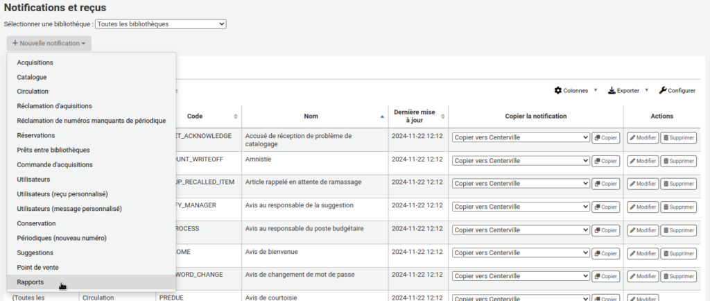 Page des notifications et reçus, le bouton Nouvelle notification est ouvert et le curseur de la souris se trouve sur l'option Rapports