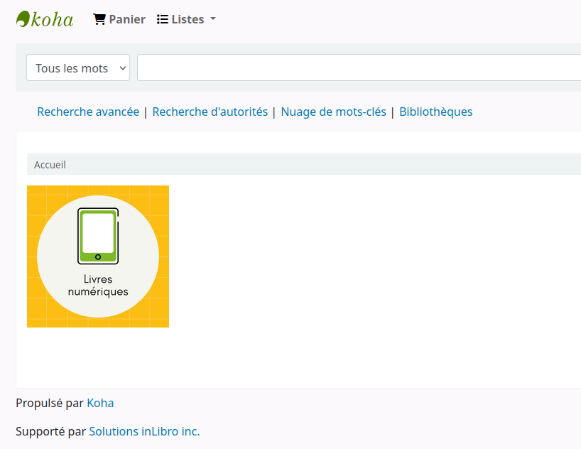 OPAC avec un bouton "Livres numériques" dans la section de gauche.