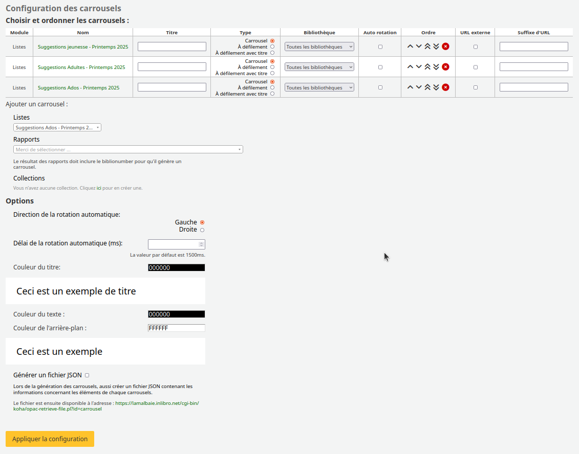carrousel_configs_fr vue de la page de configurations de l'extension carrousel