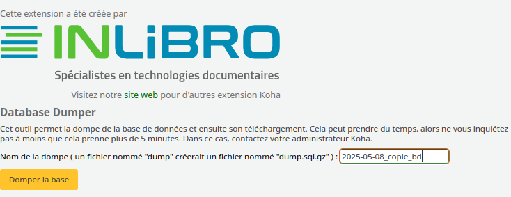 database_dumper_fr vue de l'interface de l'extension database dumper