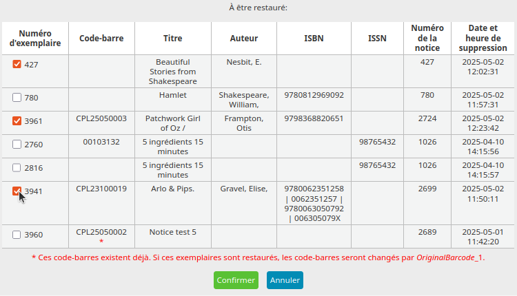undelete_item_choix_fr vue de case "cocher" dans la liste d'exemplaires à restaurés