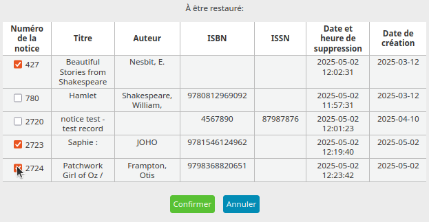 undelete_notice_choix_fr vue de cases à cocher des notices à restaurer