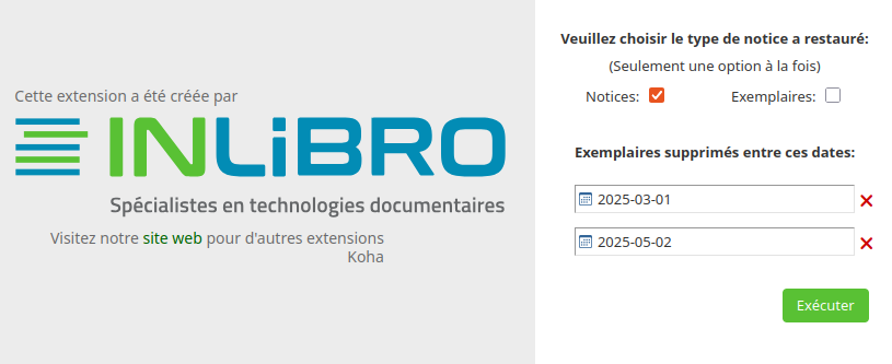 undelete_notice_exe_fr vue de la case à cocher "noitices" et choix de période de date