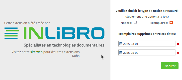 undeleted_exe_fr Vue de la case à cocher "Exemplaire" et d'un choix de période de dates
