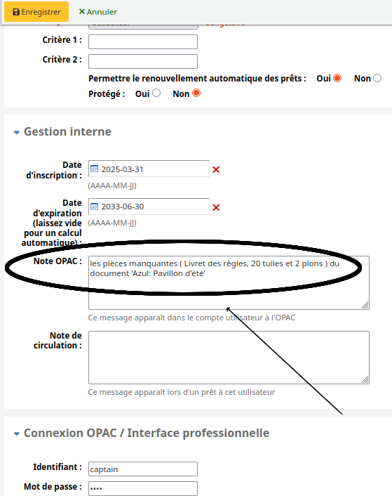 vue d'une note dans le champ opacnote du formulaire de modification d'un dossier utilisateur