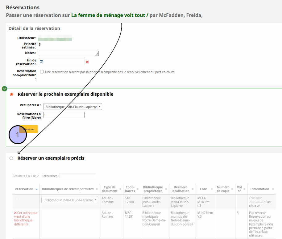 vue de la section "Réserver un exemplaire précis" au bas du formulaire de réservation