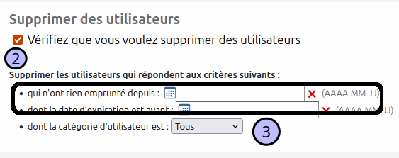 vue de la case à cocher "vérifier que vous voulez supprimer des utilisateurs", ainsi que la boîte de saisie de date du dernier emprunt.