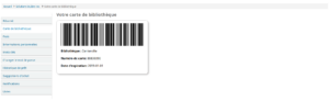 Onglet Carte de bibliothèque dans le compte d'un utilisateur à l'OPAC. On peut y voir une carte de bibliothèque virtuelle avec un code-barres, le nom de la bibliothèque, le numéro de carte et la date d'expiration.