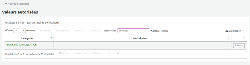 Page des catégories de valeurs autorisées. La boîte de recherche contient le texte booking et le tableau est filtré pour ne montrer que la catégorie BOOKING_CANCELLATION.