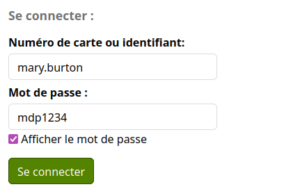 Formulaire de connexion à l'OPAC. La case "Afficher le mot de passe" sous le champ de mot de passe est cochée et le mot de paase qui a été tapé dans le champ est visible.