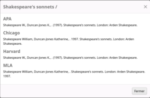 Citations pour Shakespeare's sonnets dans les styles APA, Chicago, Harvard, et MLA