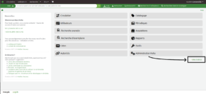 Page principale de l'intranet de Koha. Le lien du numéro de version est mis en évidence.