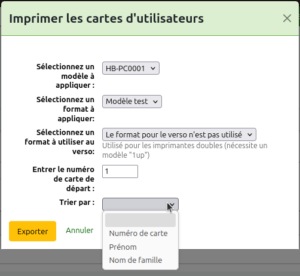 Écran d'exportation des cartes d'utilisateurs à partir d'une liste d'utilisateurs