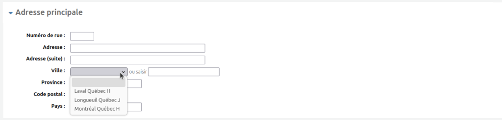 Section Adresse principale du formulaire d'ajout d'utilisateur. Il y a un menu déroulant pour la ville qui est déplié et montre les options "Laval Québec H", "Longueuil Québec J" et "Montréal Québec H"