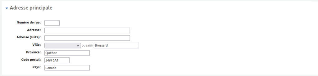 Section Adresse principale du formulaire d'ajout d'utilisateur. Aucune option n'a été choisie dans le menu déroulant. Les champs suivants ont été remplis manuellement.