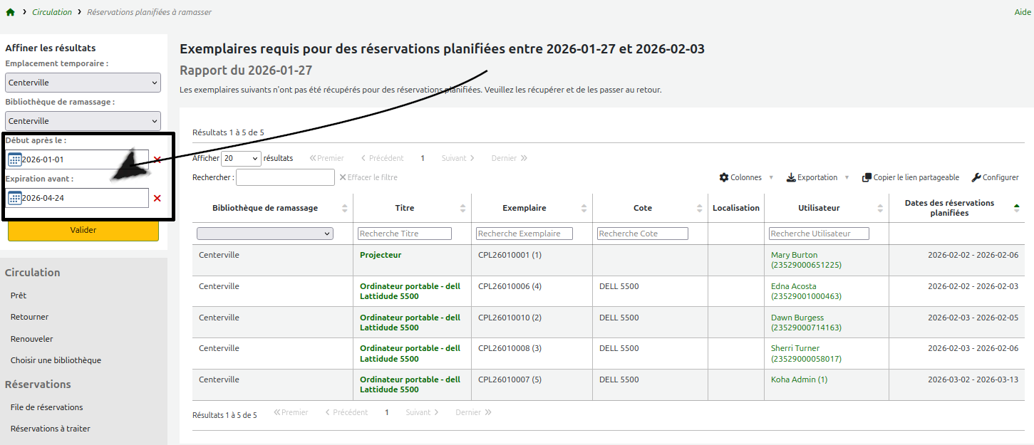 vue des filtres de date de la page de liste de réservation planifiées dans le module Circulation