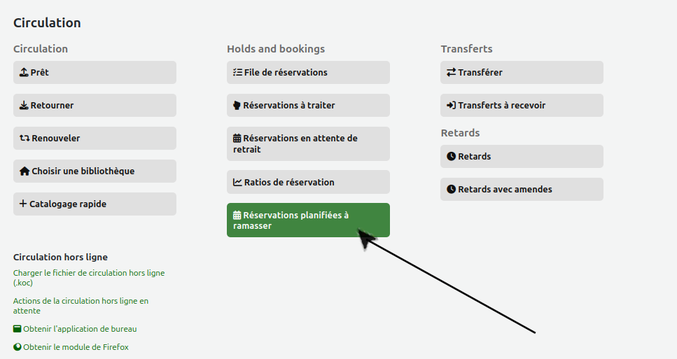 vue de la section "réservations planifiées" du module circulation