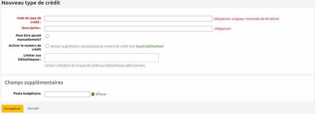 Formulaire d'ajout d'un type de crédit avec un champ supplémentaire