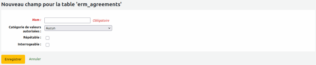 Formulaire d'ajout de champ supplémentaire dans les ententes