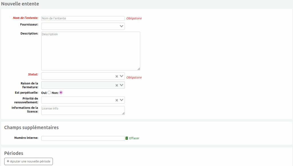 Formulaire de création d'une entente, avec un champ supplémentaire