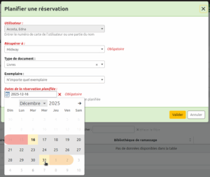 Formulaire de réservation planifiée, le curseur de la souris a selectionné les dates du 16 au 31 décembre. Les 14 et 15 décembre et 1er et 2 janvier sont également sélectionnés.