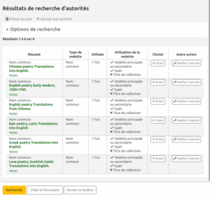 Recherche d'autorité dans le module de catalogage pour une vedette de sujet. Seules les notices autorisées pour l'utilisation en tant que sujet sont affichées. La notice American poetry n'est pas dans la liste de résultats.