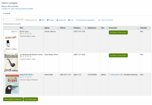 Liste des prêts dans un dossier d'utilisateur à l'OPAC. On peut y voir deux emprunts numériques et un emprunt régulier.