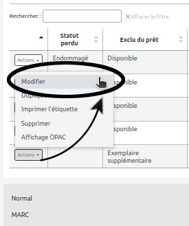 vue du menu du bouton "action" d'un exemplaire