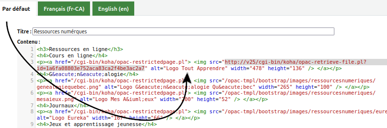 vue du nom de ressource "tout apprendre" précédé du lien html de l'image