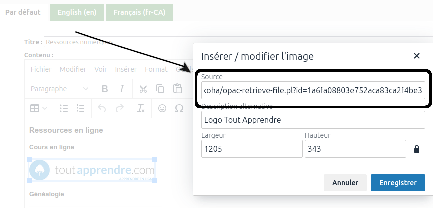 vue de la boîte texte "source" de la fenêtre de modification d'image