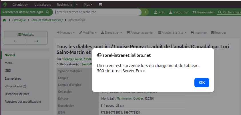 vue d'un "popup" d'erreur 500 dans une notice