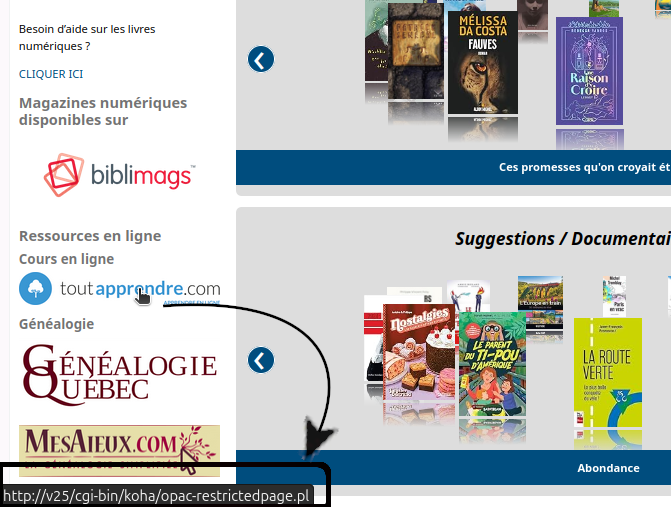 vue du lien URL opac-restrictedpage.pl d'un bouton de ressource de la colonne gauche de l'OPAC