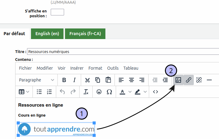 vue du bouton "Toutapprendre" sélectionné et de l'option de modification d'image dans le menu de l'outil