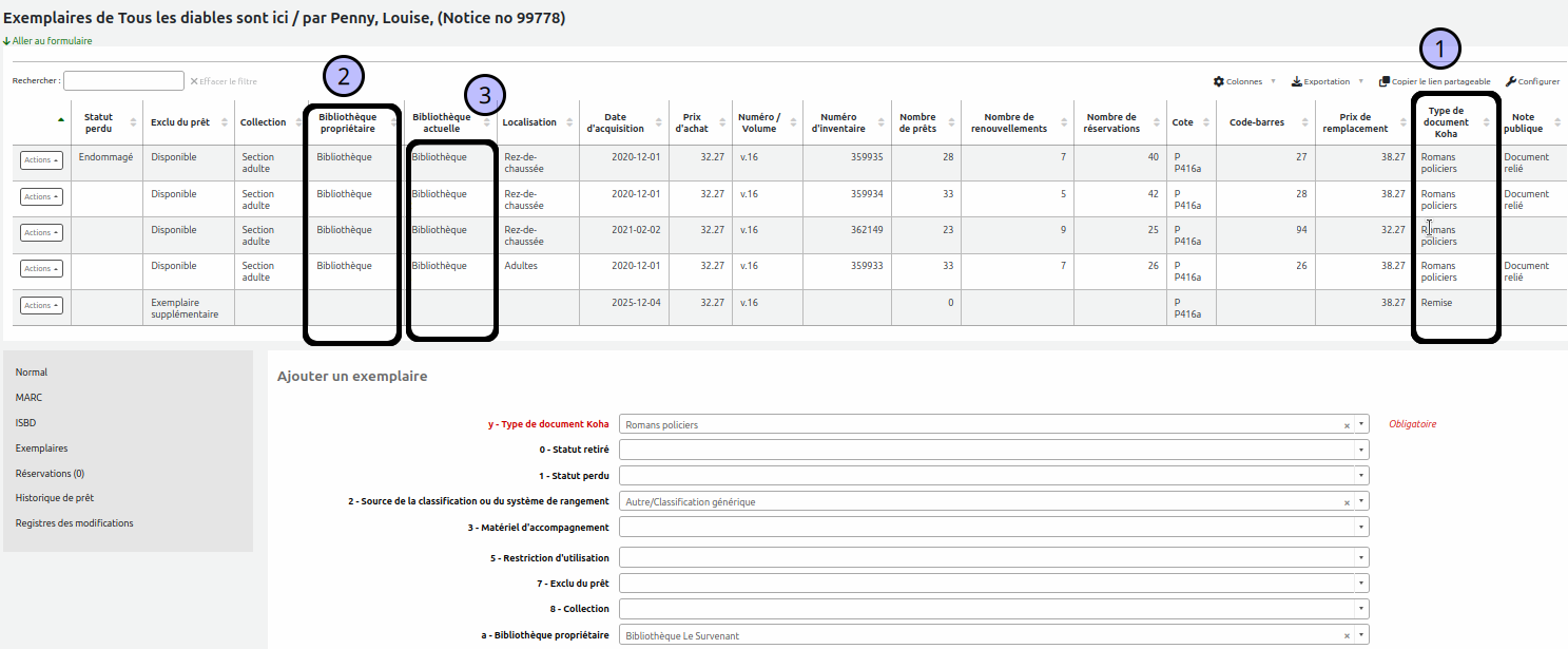 vue du tableau des exemplaires au haut de la page "Gérer les exmeplaires"