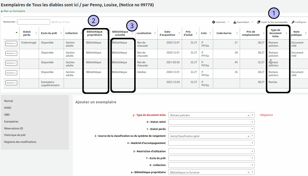 vue du tableau des exemplaires au haut de la page "Gérer les exmeplaires"