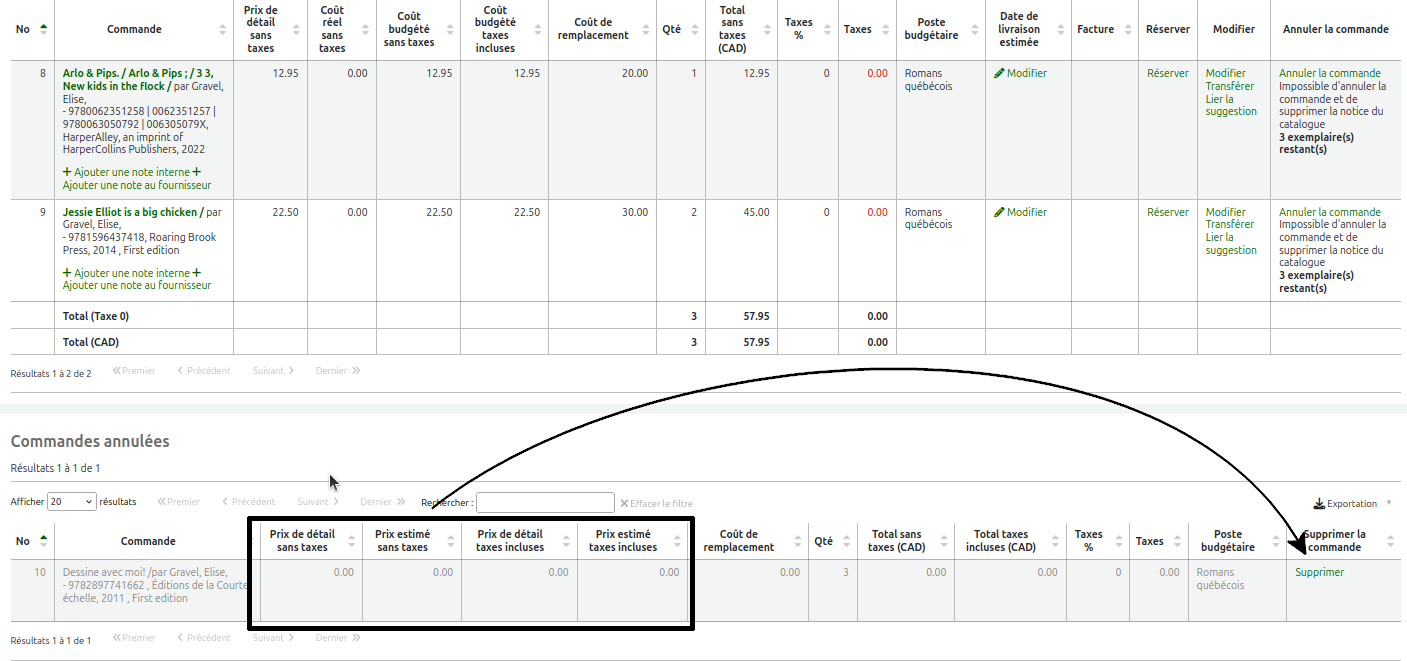 vue du prix détail = 0.00 d'une commande et du bouton "supprimer" à l'extrémité droite de la commande
