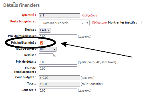 vue de la case à cocher du paramètre "prix indéterminé" des détails financiers du formulaire de commande d'un exemplaire