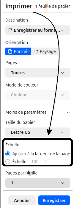 paramètre "ajuster à la largeur de la page" des options d'impression