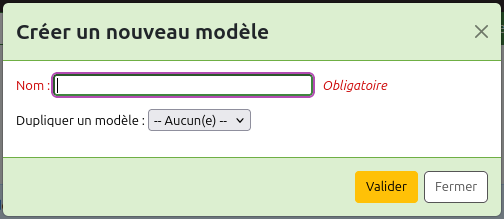 Fenêtre modale pour créer un nouveau modèle de modification MARC. Les champs sont "Nom" (champ obligatoire) et "Dupliquer un modèle"