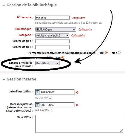 vue du paramètres "Langue privilégiée pour les avis" de la section "Gestion de la bibliothèque" dans le formulaire de modification d'un dossier d'utilisateur.