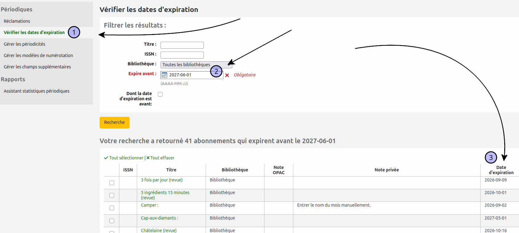 vue de l'onglet "vérifier les dates d'expiration", du menu déroulant "expire avant" et de la colonne "date d'expiration" à l'extrémité droite du tableau des résultats de recherche.