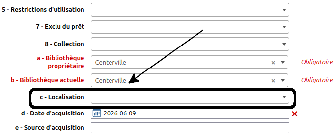 vue du menu déroulant de la sous-zone 952$c  - localisation/ emplacement sur les rayons de la notice exemplaire