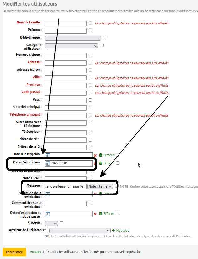 vue des champs "date d'expiration" et message 