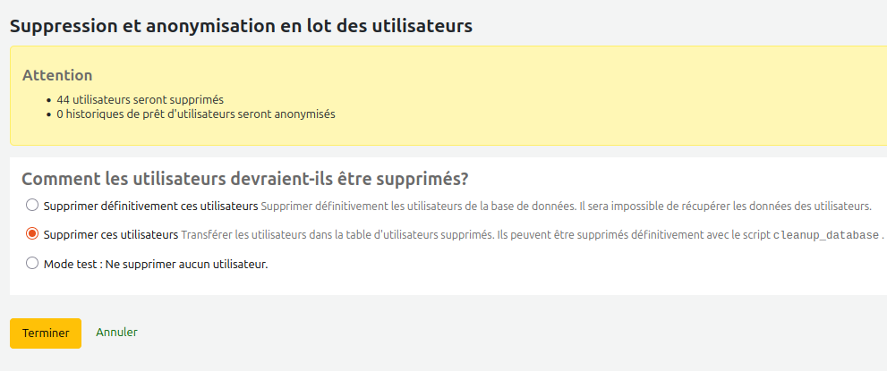 vue du message d'avertissement contenant le nombre d'utilisateurs qui seront supprimés