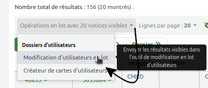 vue du bouton "opération en lot" et de l'option "modification d'utilisateurs en lot, situé au haut gauche des résultats du rapport SQL.