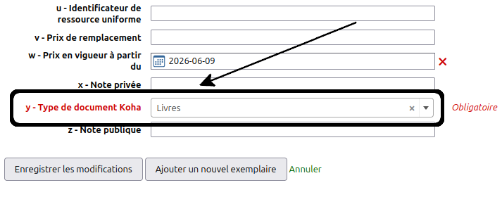 vue du choix "Livres" dans le menu déroulant de la sous-zone 952$y - type de document de la notice exemplaire