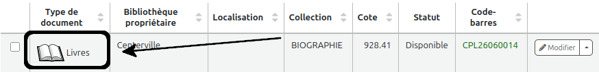 vue du "type de document" de l'exemplaire dans une notice